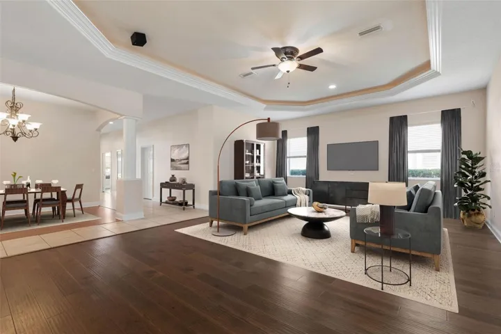Virtually staged great room and dining room