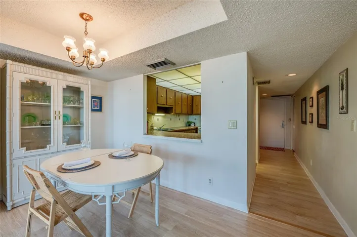 Bright dining area with overhead lighting, conveniently located adjacent to the kitchen pass-through.