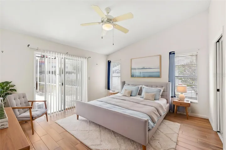 Virtually staged primary bedroom suite