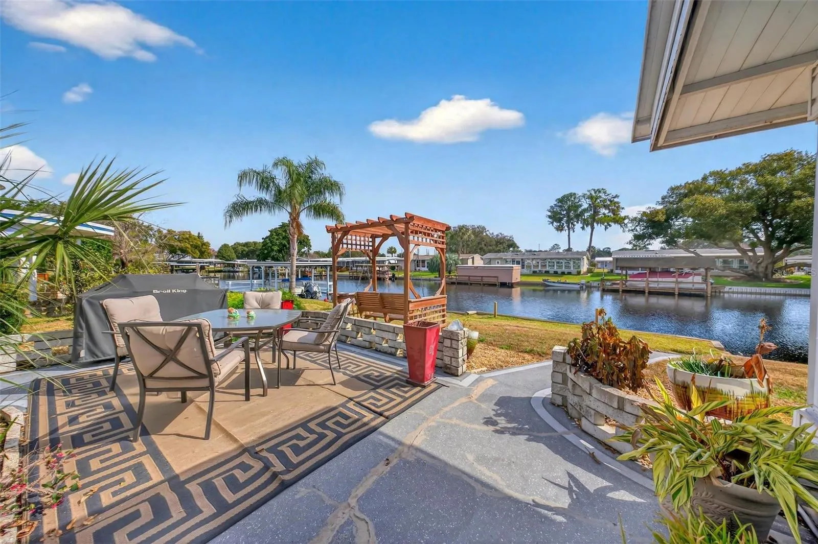 Outdoor patio with water view