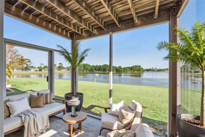 Covered Patio on First Floor with Pond View