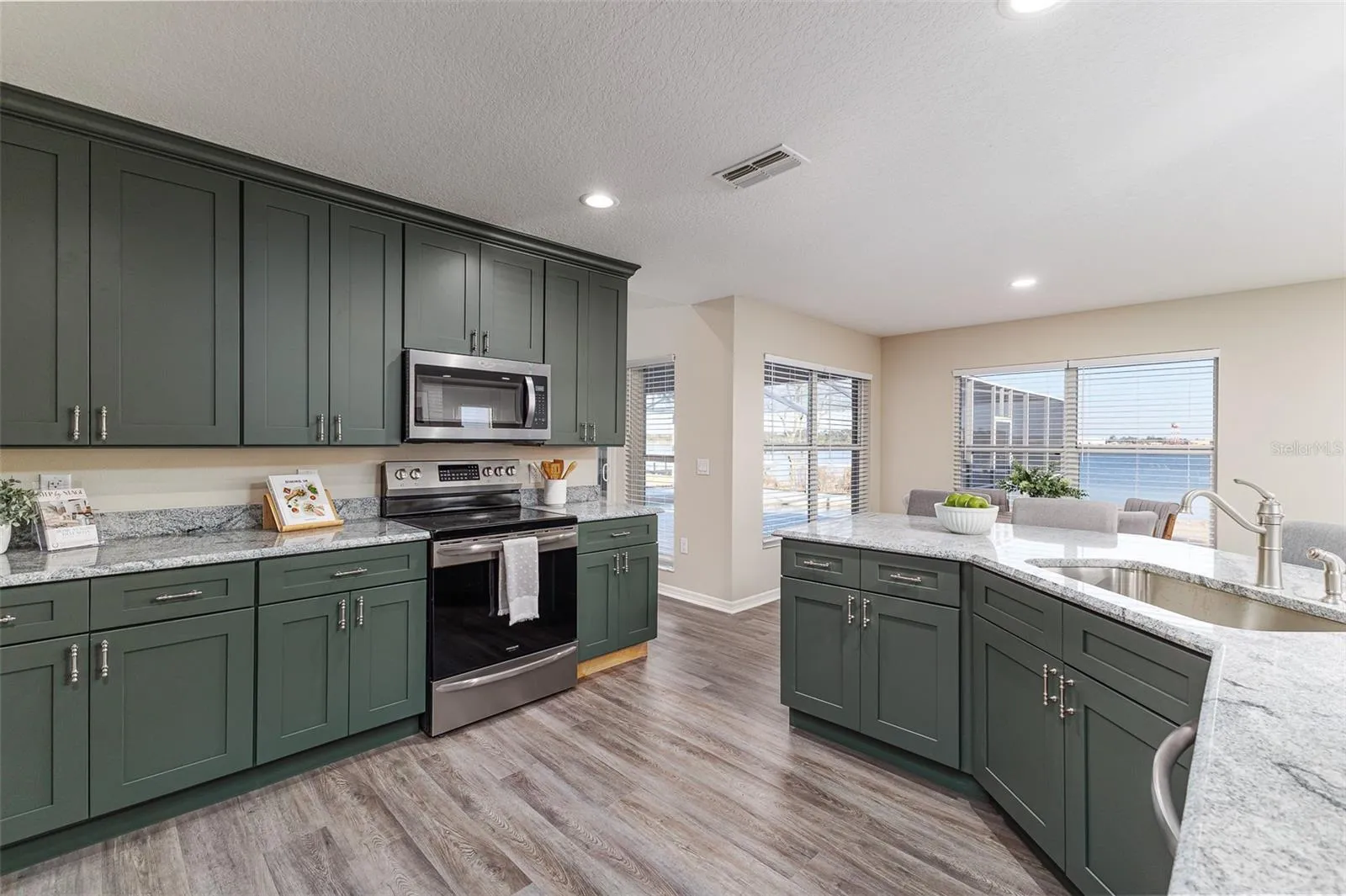 Kitchen with Lake Agnes and Pool View