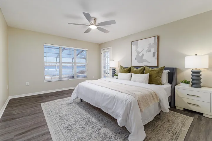 Primary Bedroom with view of Pool and Lake Agnes, with private entrance to pool