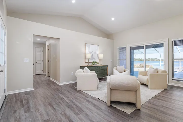 Living Room with view of Pool and Lake Agnes