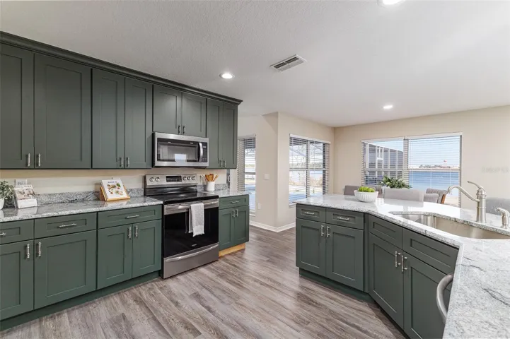 Kitchen with Lake Agnes and Pool View