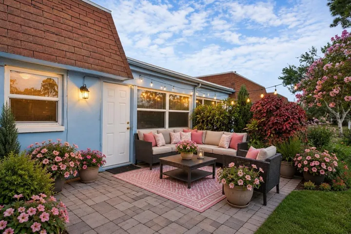 Back Patio overlooking the pond, virtually staged.