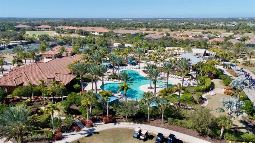 Amenities include resort style pool with Bahama Bar tiki bar. Clubhouse with spa, and salon. Golf pro-shop and tennis in background.