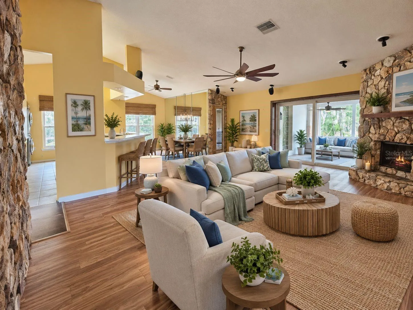 Virtually Staged family room and dining room