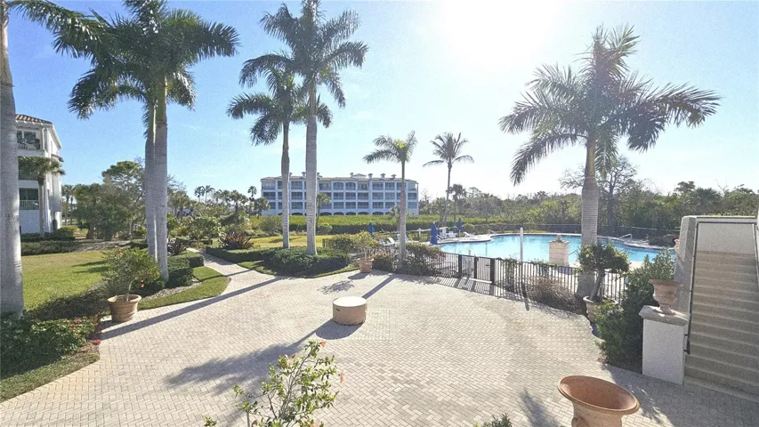 View of large heated pool & spa