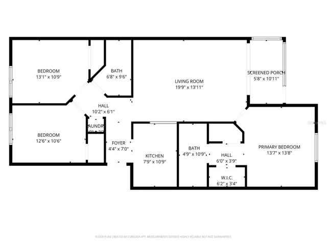 Thoughtfully designed 3-bedroom, 2-bath split floor plan offering privacy and functional flow. The spacious 19’ x 13’11” living room serves as the central gathering space and opens to a screened porch, ideal for enjoying outdoor living. The kitchen is efficiently laid out adjacent to the foyer, with a nearby laundry closet for convenience. Two secondary bedrooms share a full bath on one side of the home, while the primary suite is privately situated on the opposite side, featuring a walk-in closet and en-suite bath. This layout balances openness and separation, perfect for everyday living or hosting guests.