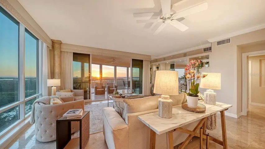 Living area during sunset views sweeping water views