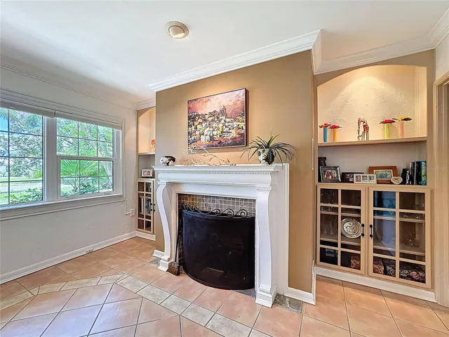 Living room wood burning fireplace