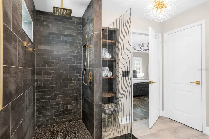 walk in shower with the drain head