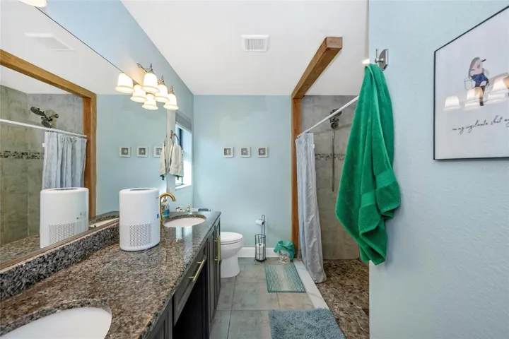 PRIMARY BATHROOM has double sinks on stone countertop