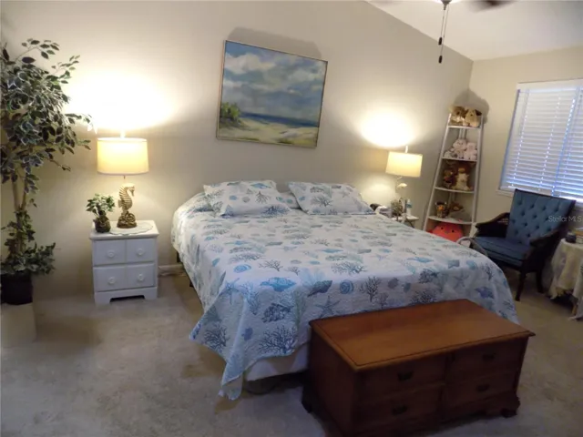 Spacious primary bedroom with vaulted ceiling