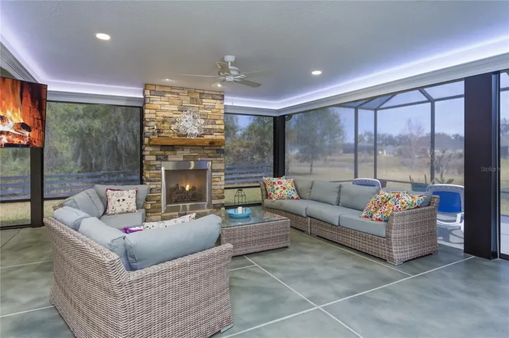 Oasis Awaits.  Stone Gas Fireplace.