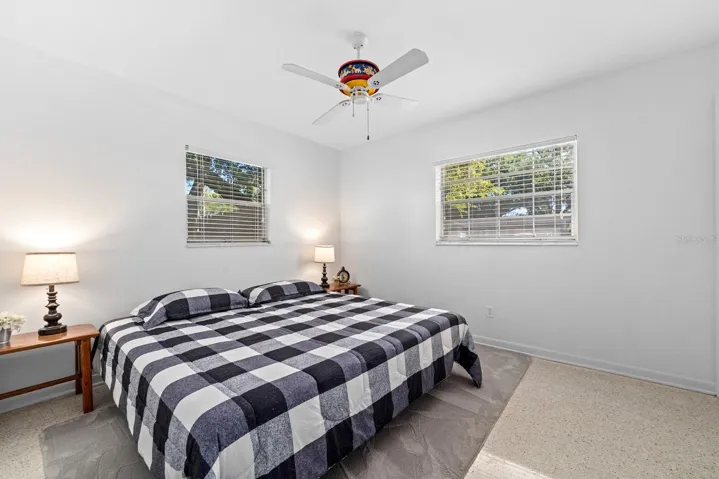 Bedroom 1 downstairs has terrazzo floors. They stay cool and are very easy to keep clean.