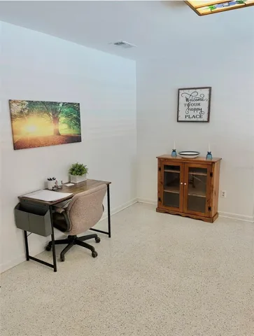The terrazzo floors are buffed, shiny and practically maintenance free...very easy to clean and stays cool.