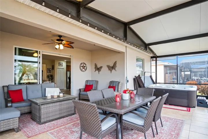 Layout of screened covered lanai with hot tub included