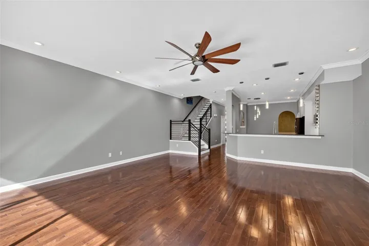 Family great room looking into kitchen