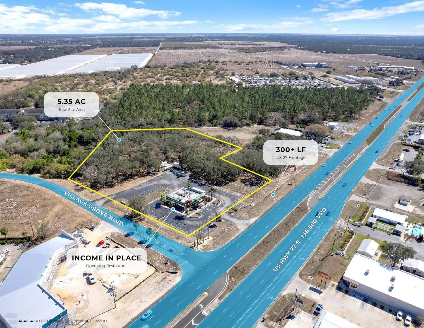 Aerial view of 5.35± acre four-parcel commercial assemblage along US-27 in Sebring, FL showing restaurant building and excess development land.