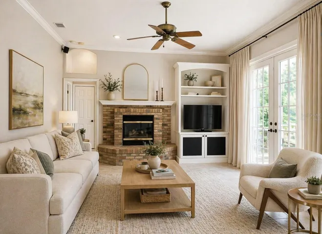 Virtually staged family room with fireplace & French doors onto patio