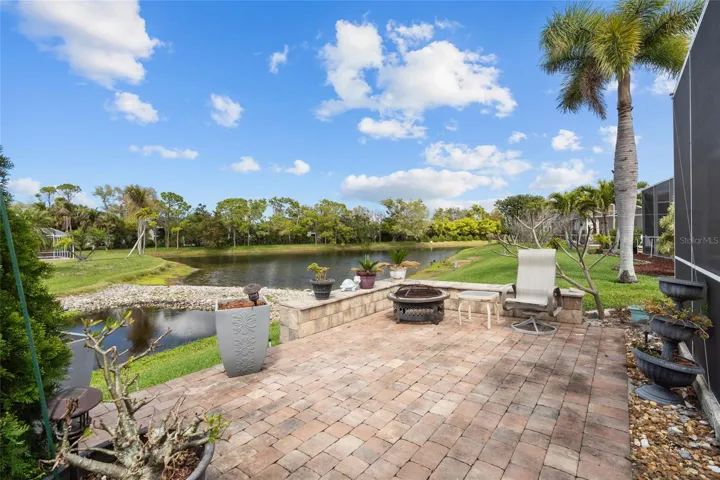 Outdoor patio with beautiful pond views