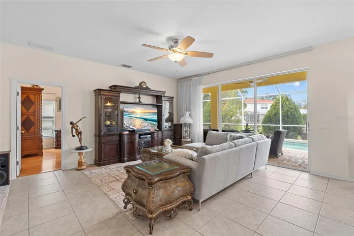 view into main bedroom and pool