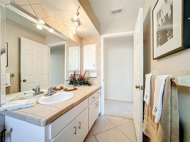 Large vanity with ample storage and counter space.