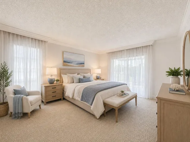 Primary bedroom with sliding glass doors leading to the backyard.