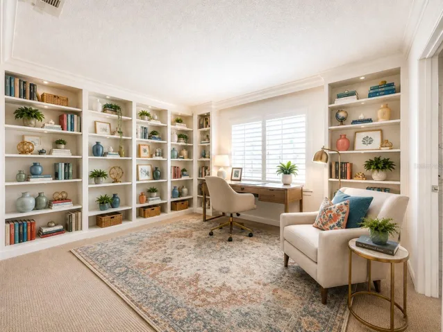 A flexible office-and-bedroom setup that fits your lifestyle. Tons of bookshelves and ideal for work-from-home living. A bright, functional space with endless possibilities.