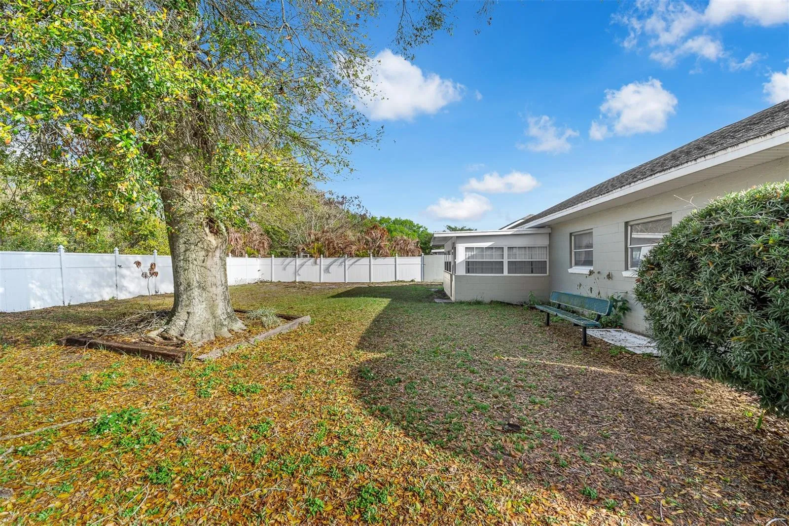 Backyard view showing tree border, privacy fencing, and rear entry.