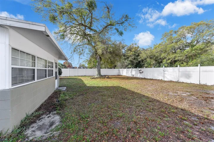 Backyard with mature tree, vinyl fencing, and rear windows.