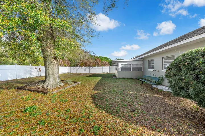 Backyard view showing tree border, privacy fencing, and rear entry.