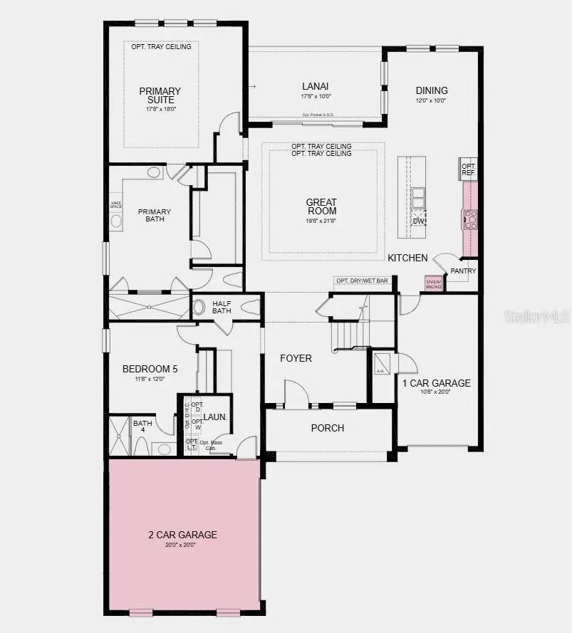 First Floor Plan - Additional Highlights Include: a gourmet kitchen, an outdoor kitchen rough-in on the covered lanai, a 2-car carriage style garage, shower in bathroom 2, and crown molding