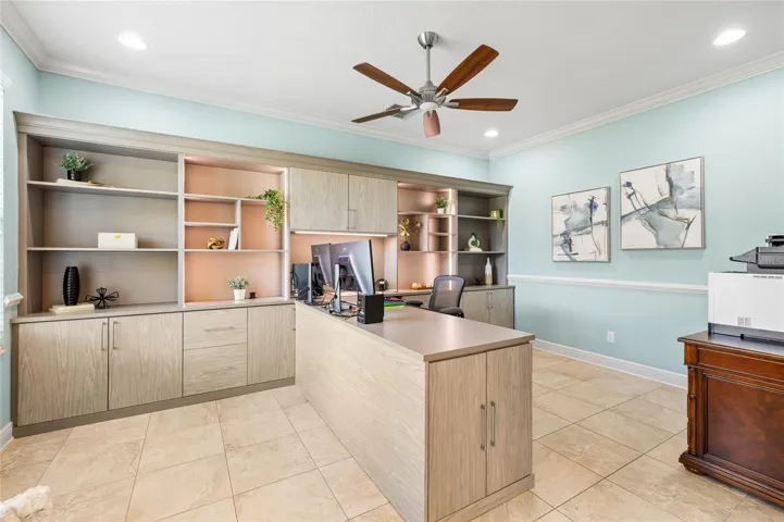 Custom-Built In Desk And Shelving For dedicated Home Office Space on first floor.