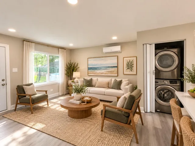 Virtually Staged Interior - Living Room. Bright open living area with abundant natural light and flexible furniture layout.