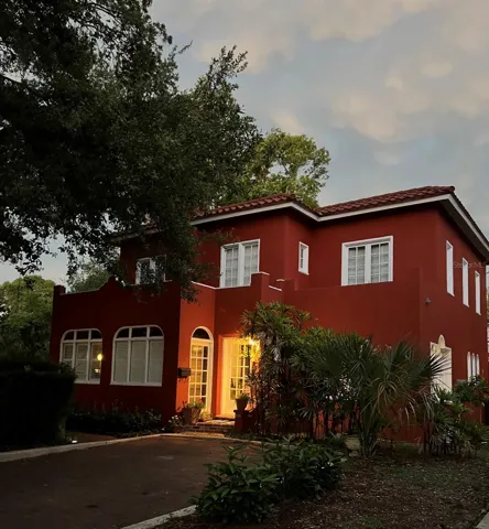 Front of house at sunset