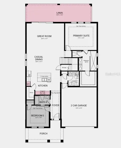First Floor Plan -  Additional Highlights Include: Gourmet kitchen, downstairs bedrooms in place of flex, downstairs full bathroom in place of powder room, extended covered lanai, tray ceiling at primary suite, downstairs bedroom and foyer, 8' interior doors, and impact windows