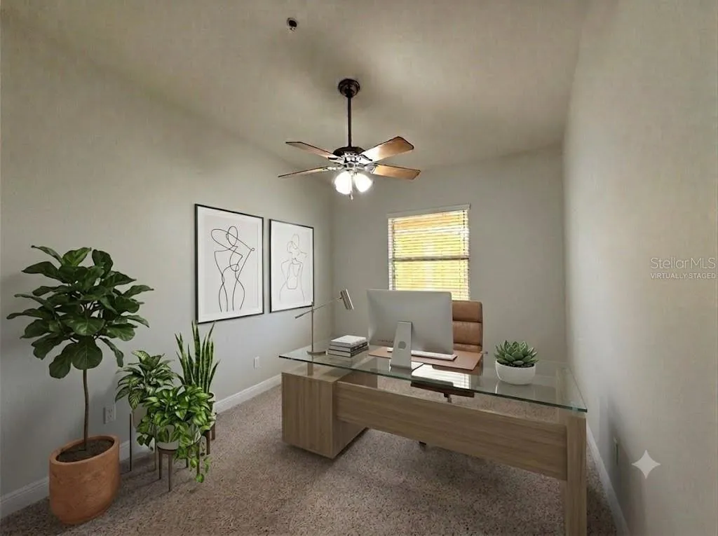 VIRTUALLY STAGED: Guest bedroom/OFFICE . Walls And All Doors And Trim Recently Painted.