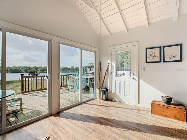 The sliding glass doors open to the front 12' x 23', overlooking Saint Anne Shrine Road.