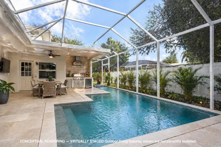 Virtually staged conceptual rendering. Pool, screened lanai, outdoor kitchen, covered overhang, and travertine deck are not currently installed and are shown for visualization purposes only