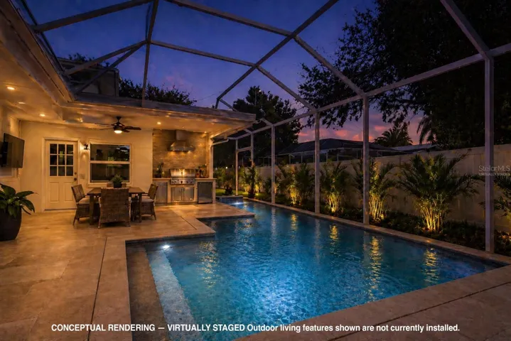Virtually staged conceptual rendering. Pool, screened lanai, outdoor kitchen, covered overhang, and travertine deck are not currently installed and are shown for visualization purposes only