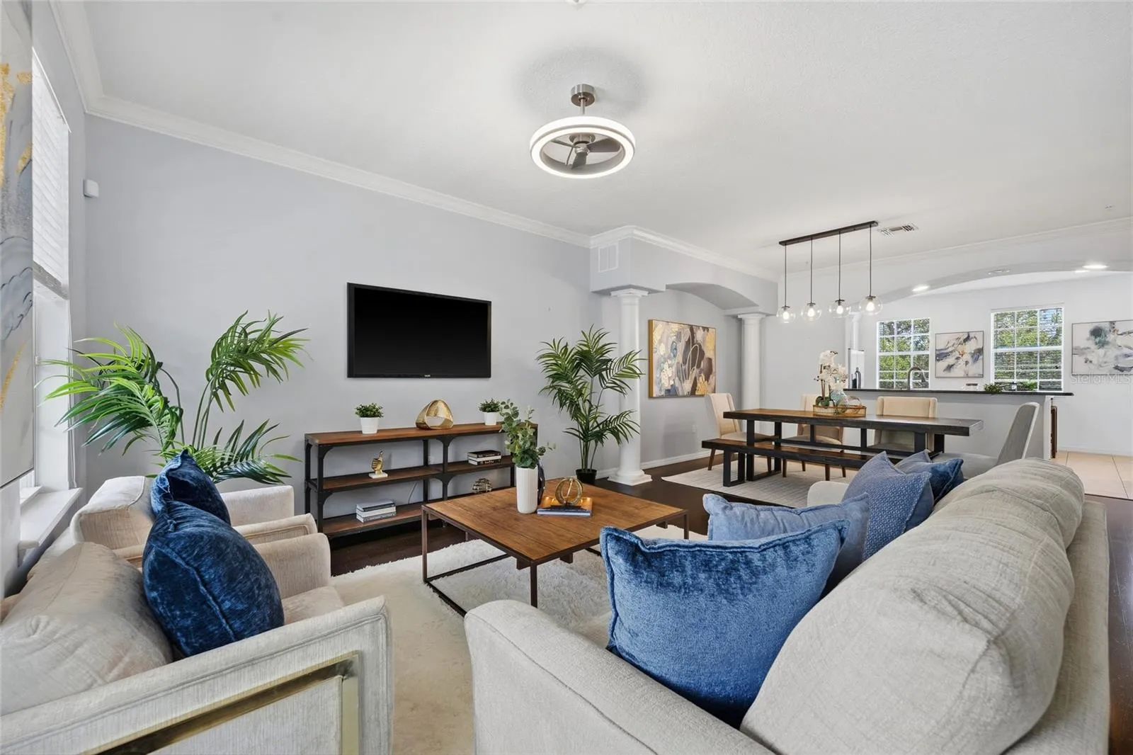 Open main living level provides an easy flow between the living, dining and kitchen areas.