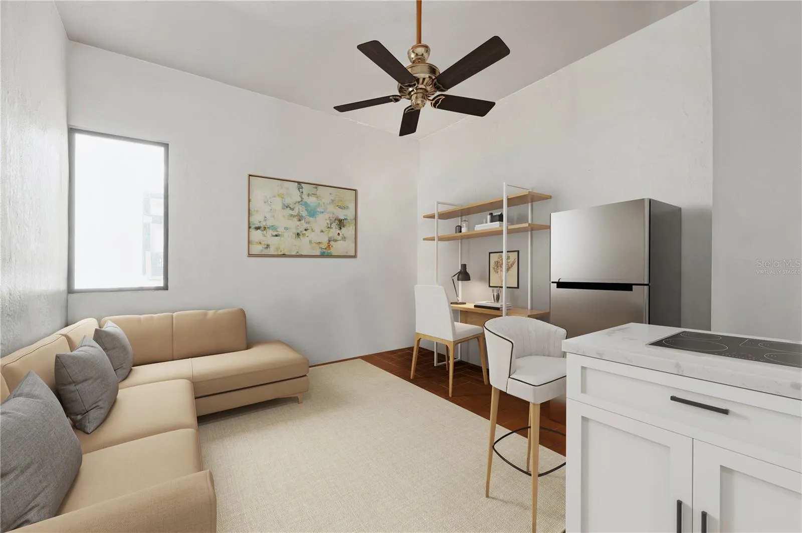 Apartment I's Living Area and Kitchen - This image has been virtually staged with a conceptual kitchen remodel and does not reflect the current state of the property.