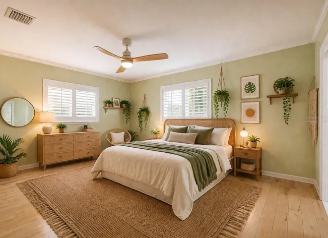 Primary bedroom with boho vibes - Virtually Staged