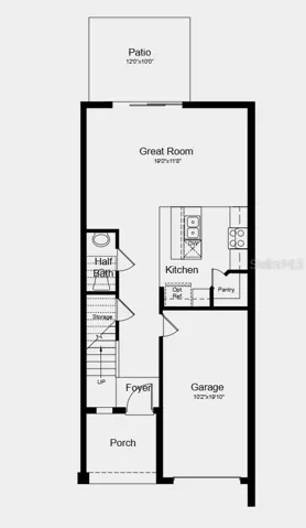 First Floor Plan -  Additional Highlights Include: upgraded tile flooring on the main floor, quartz countertops, and window blinds throughout the home