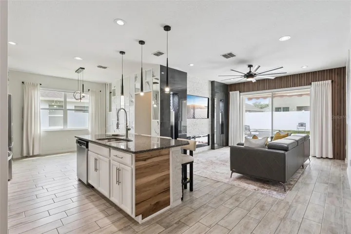 Kitchen & Living Room with Fireplace