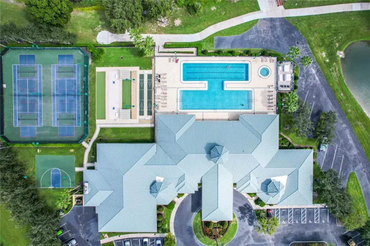 Aerial of the clubhouse, pool and additional amenities