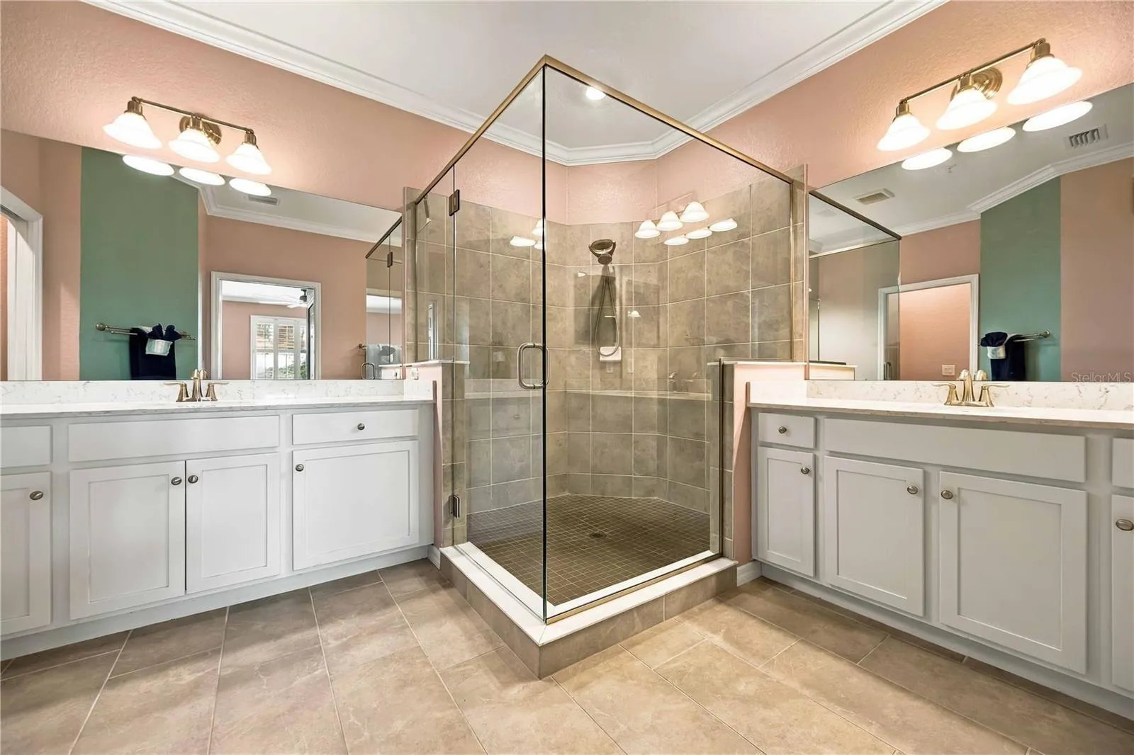 Ensuite bath - dual vanities, shower, private water closet, linen closet